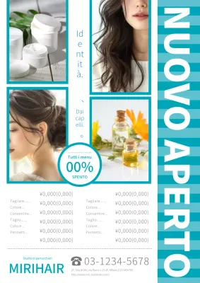 Pubblicità moderna ed elegante di un salone di parrucchieri in blu e bianco