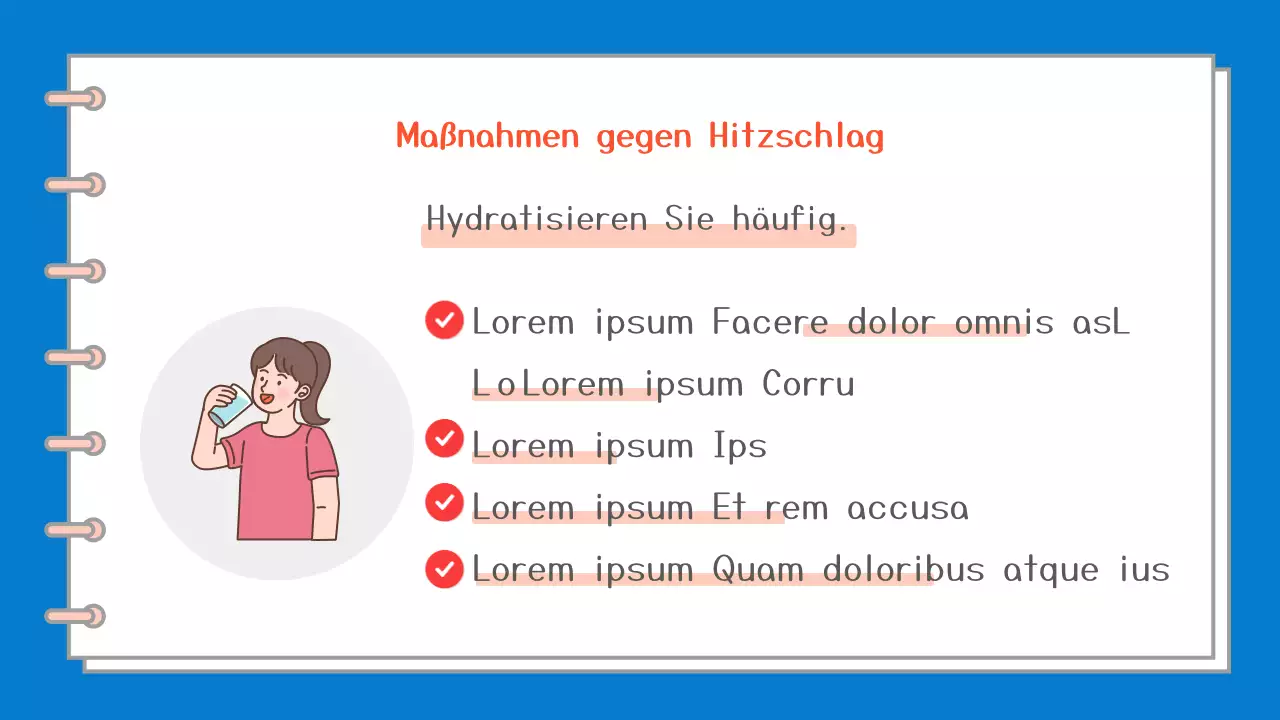 Ein einfacher blau-weißer Leitfaden über die Symptome und die Behandlung eines Hitzschlags.