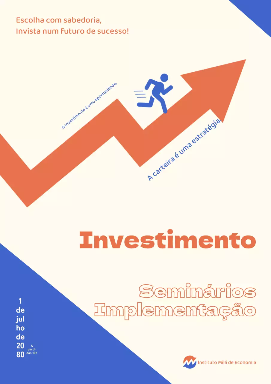 Folheto do seminário sobre a carteira de investimentos com destaques em azul e laranja