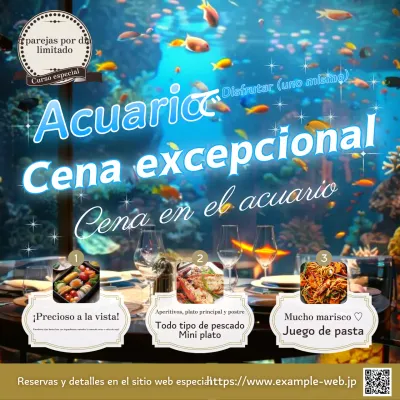 Aviso para atraer clientes a una cena en un acuario de moda en azul claro y dorado.
