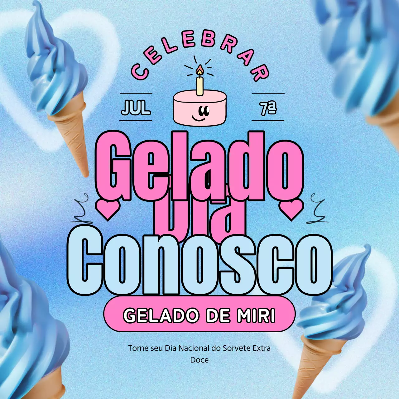 Promover descontos para o Dia Nacional do Gelado com apontamentos de azul e cor-de-rosa