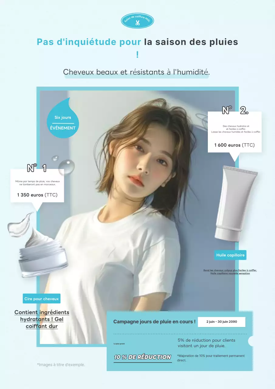 Une publicité simple pour les soins capillaires de la saison des pluies en bleu clair.