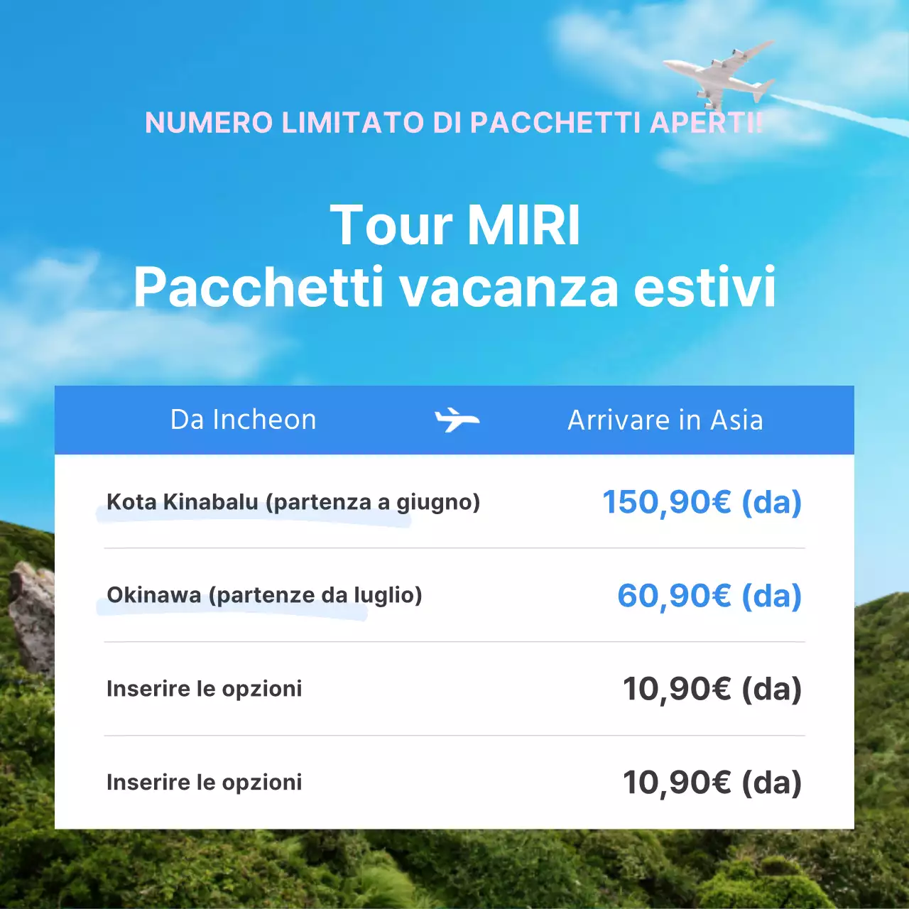 Un semplice annuncio di destinazione estiva all'estero in azzurro e rosa