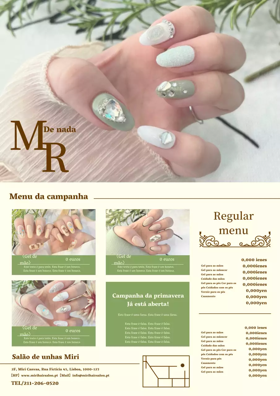 Anúncio clássico e elegante de um salão de manicura em verde e amarelo