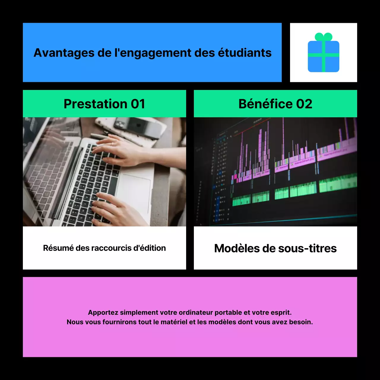 Faites la promotion de votre cours de montage vidéo en rose et bleu