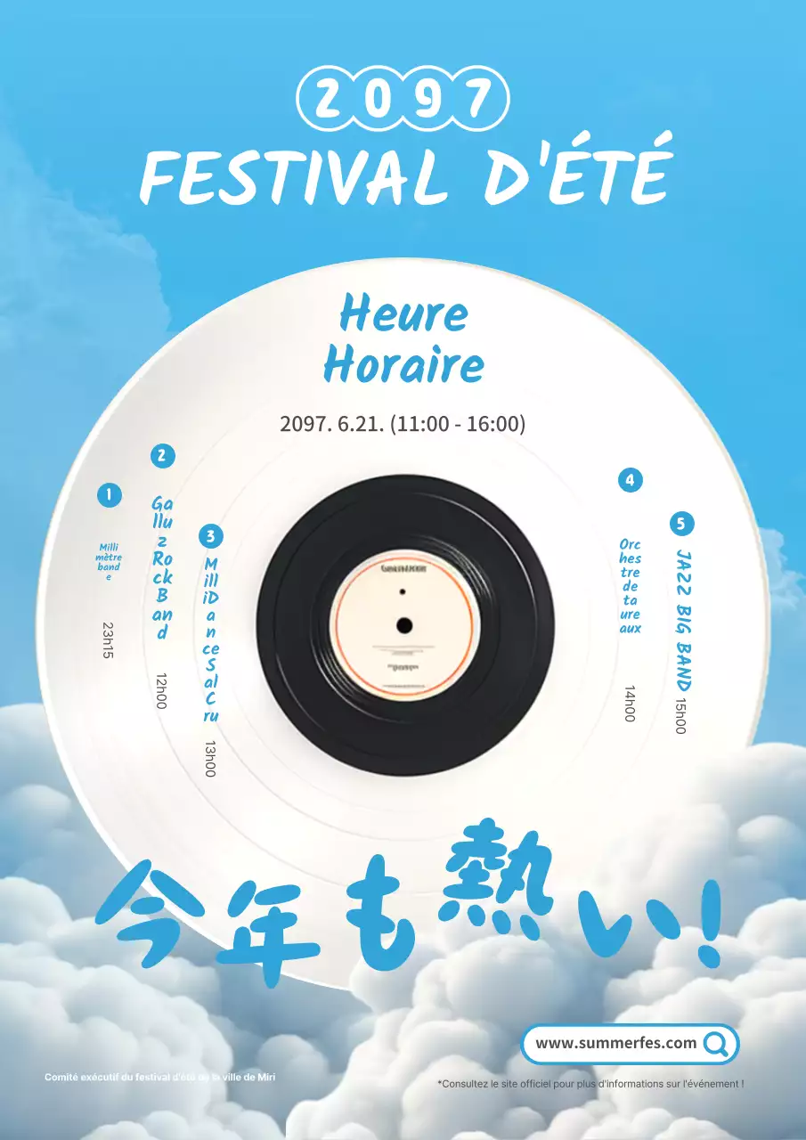 Promouvoir un festival de musique d'été en plein air en bleu clair et blanc