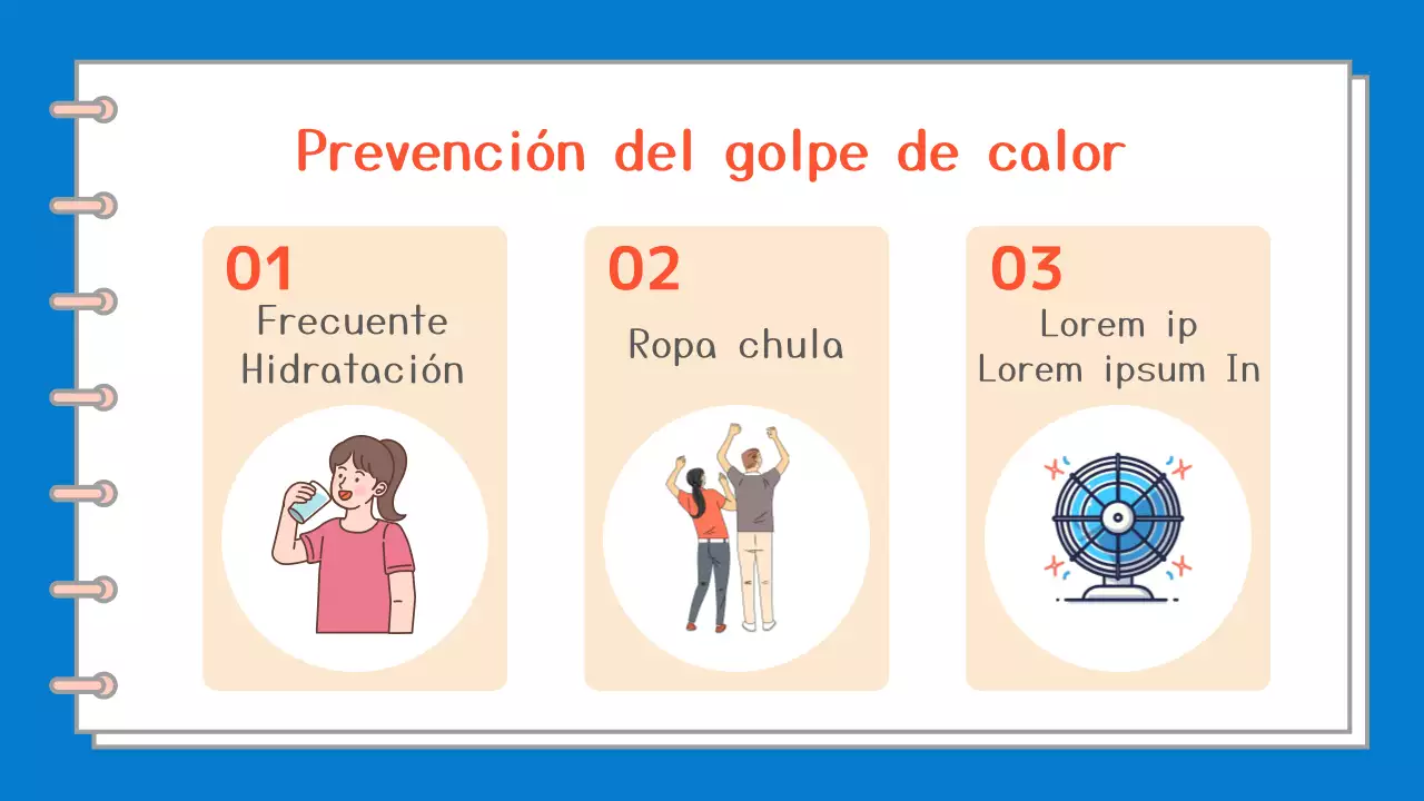 Una sencilla guía en blanco y azul sobre los síntomas y el tratamiento de los golpes de calor.