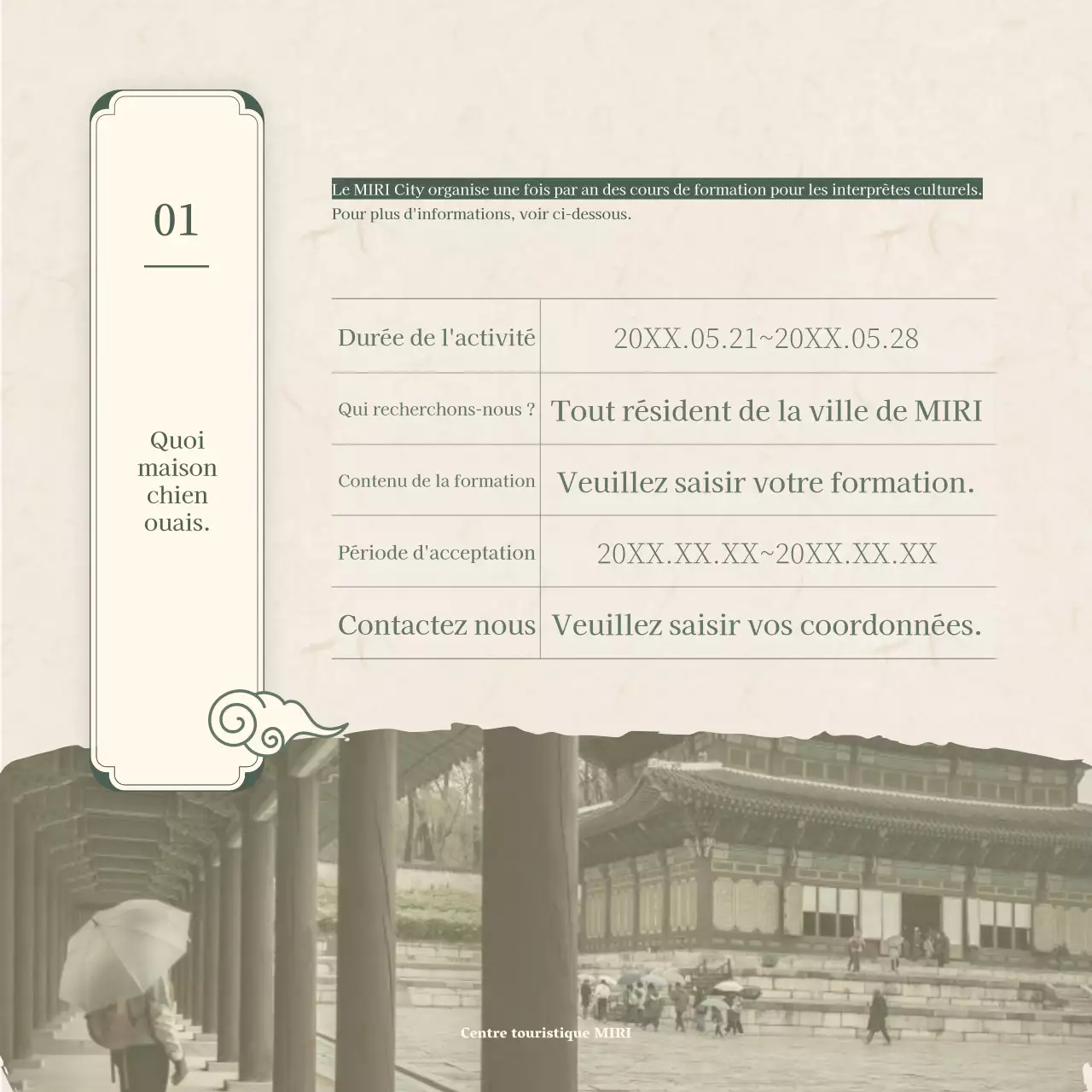 Guide de recrutement pour le cours de formation d'interprètes culturels traditionnels en vert et beige