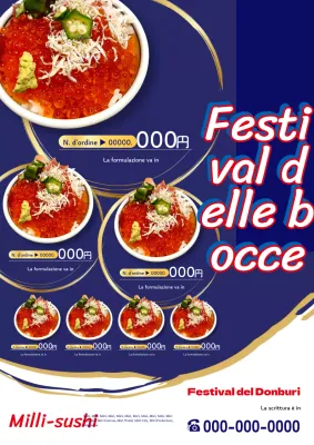 Pubblicità del menu del festival Donburi semplice e fresca in blu