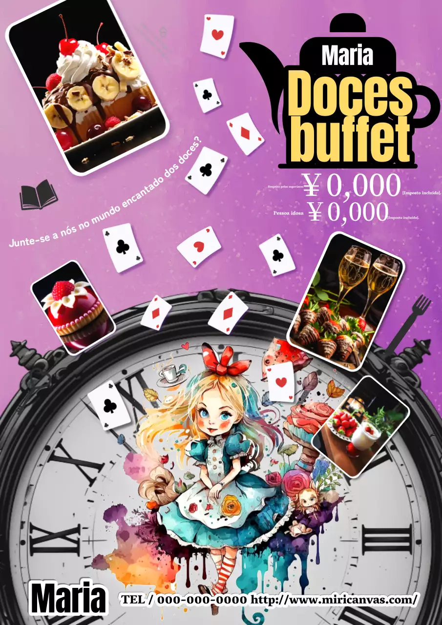 Um anúncio simples e colorido sobre o preço do buffet com uma ilustração de Alice no País das Maravilhas.