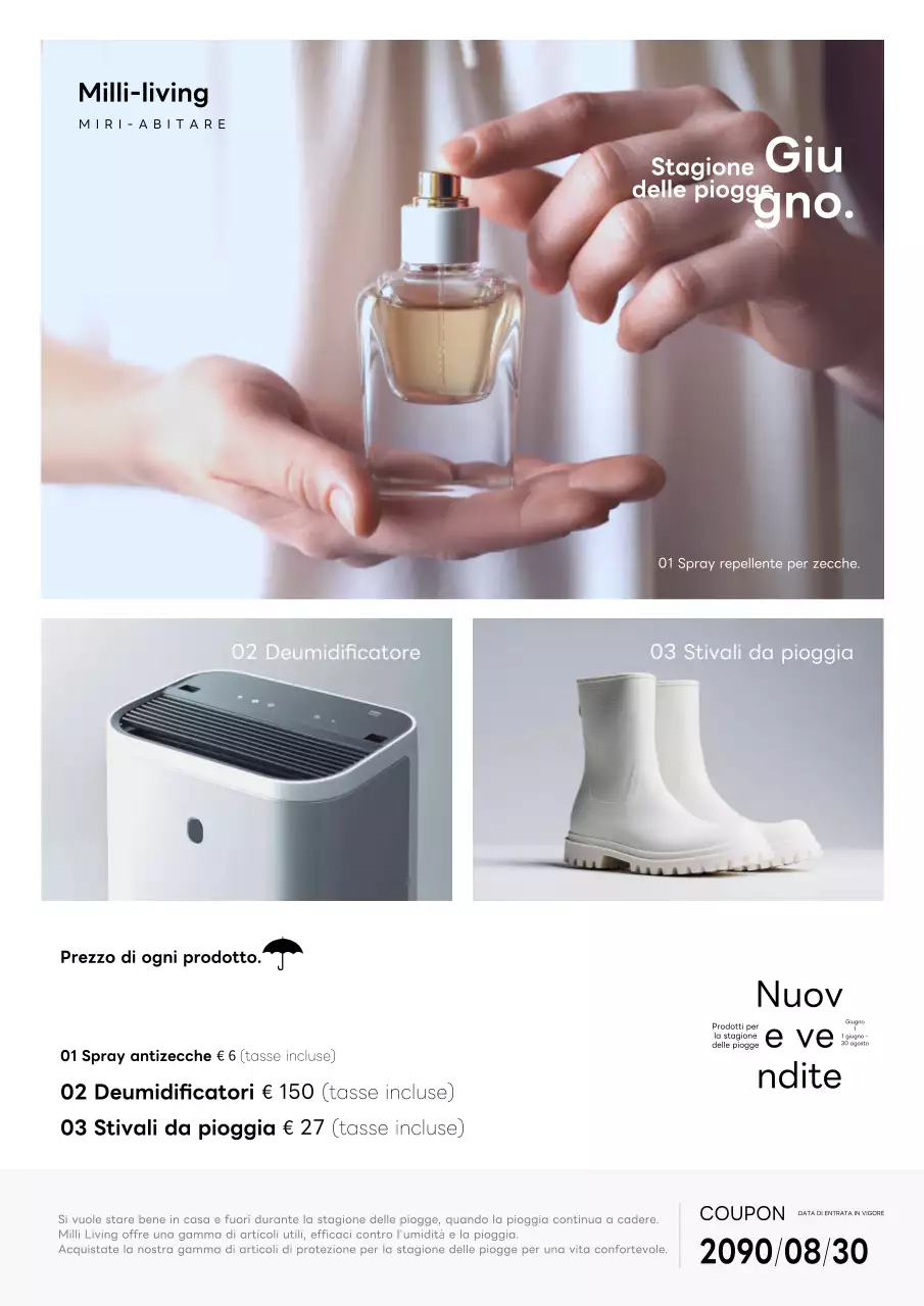 Promozione di semplici articoli grigi e bianchi per la stagione delle piogge.