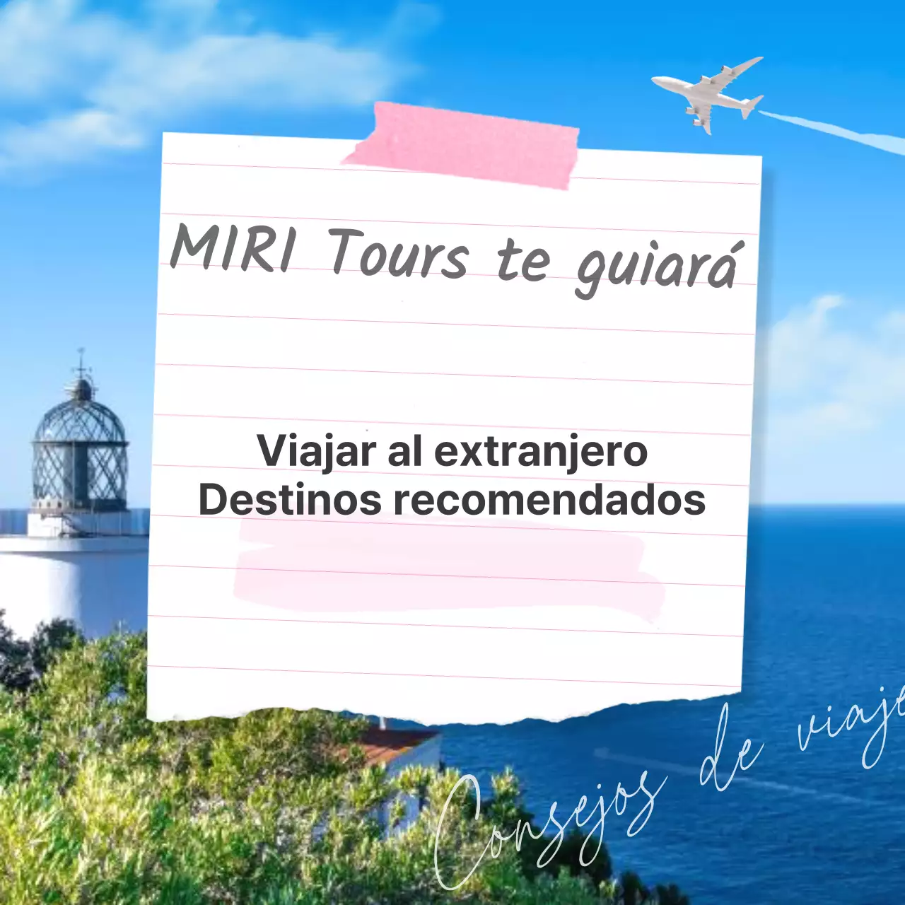 Un sencillo anuncio de un destino de verano en el extranjero en azul claro y rosa