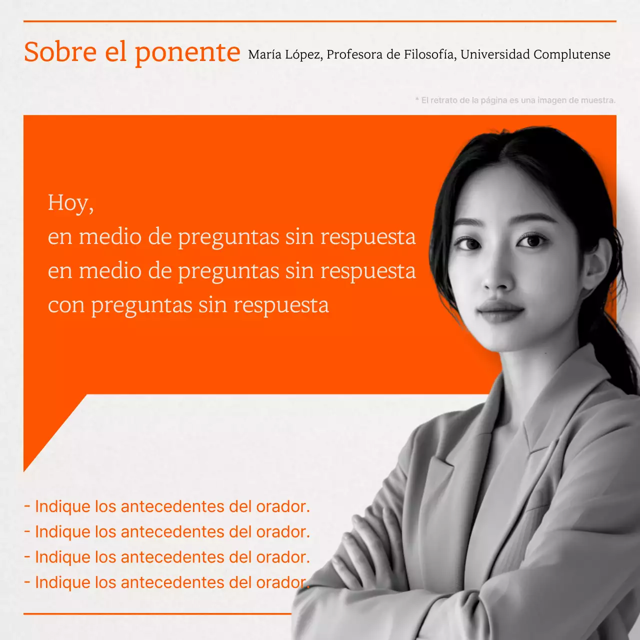 Un simple anuncio naranja para una conferencia sobre humanidades para jóvenes.