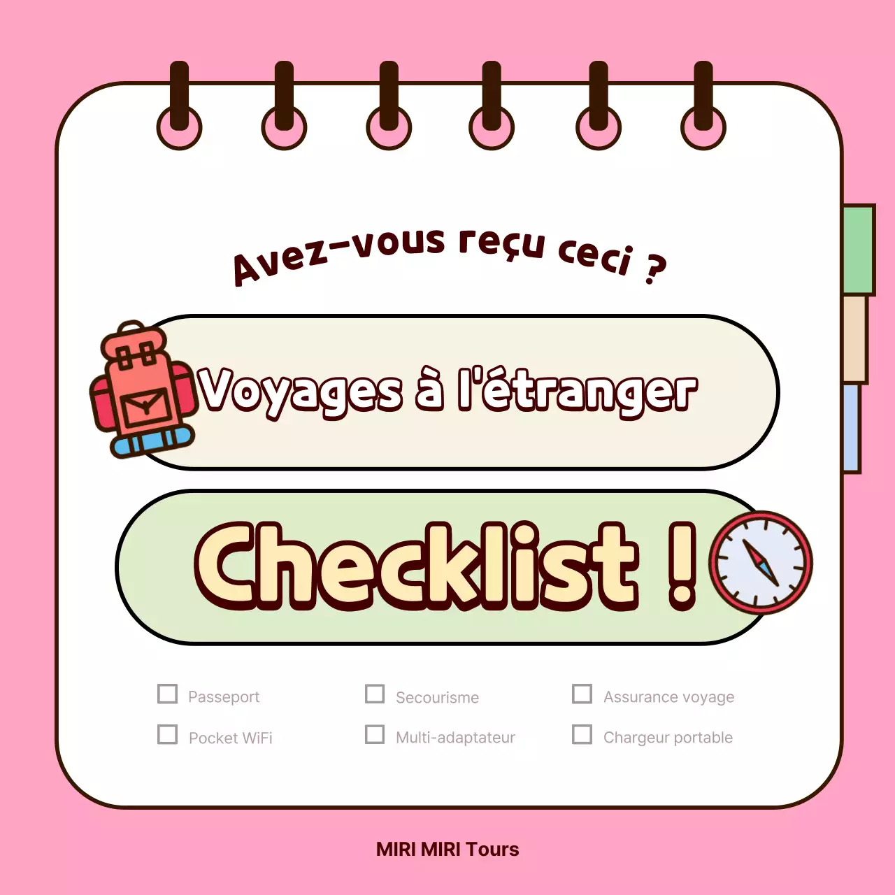 Mignonne couverture rose et jaune de la liste de contrôle pour les voyages internationaux