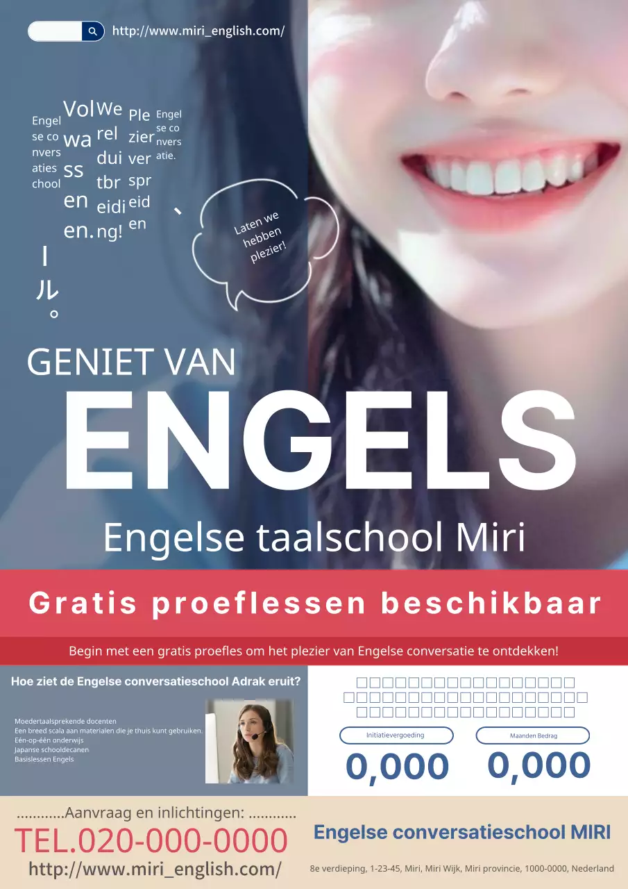 Een moderne en verfijnde advertentie voor een Engelse conversatieschool in marineblauw en rode kleuren.