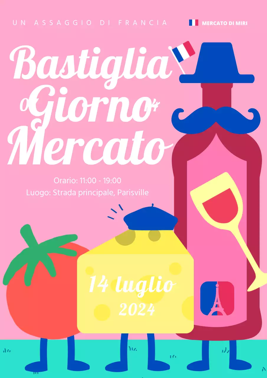 Promuovere un evento di mercato kitsch per il Giorno della Rivoluzione in blu e rosa.