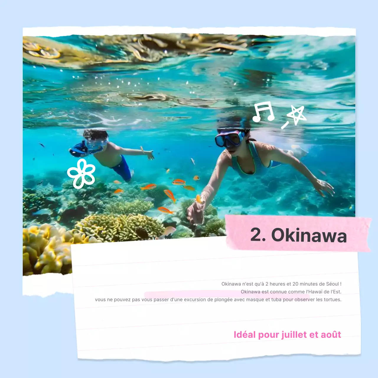 Une publicité simple pour une destination estivale à l'étranger en bleu clair et en rose