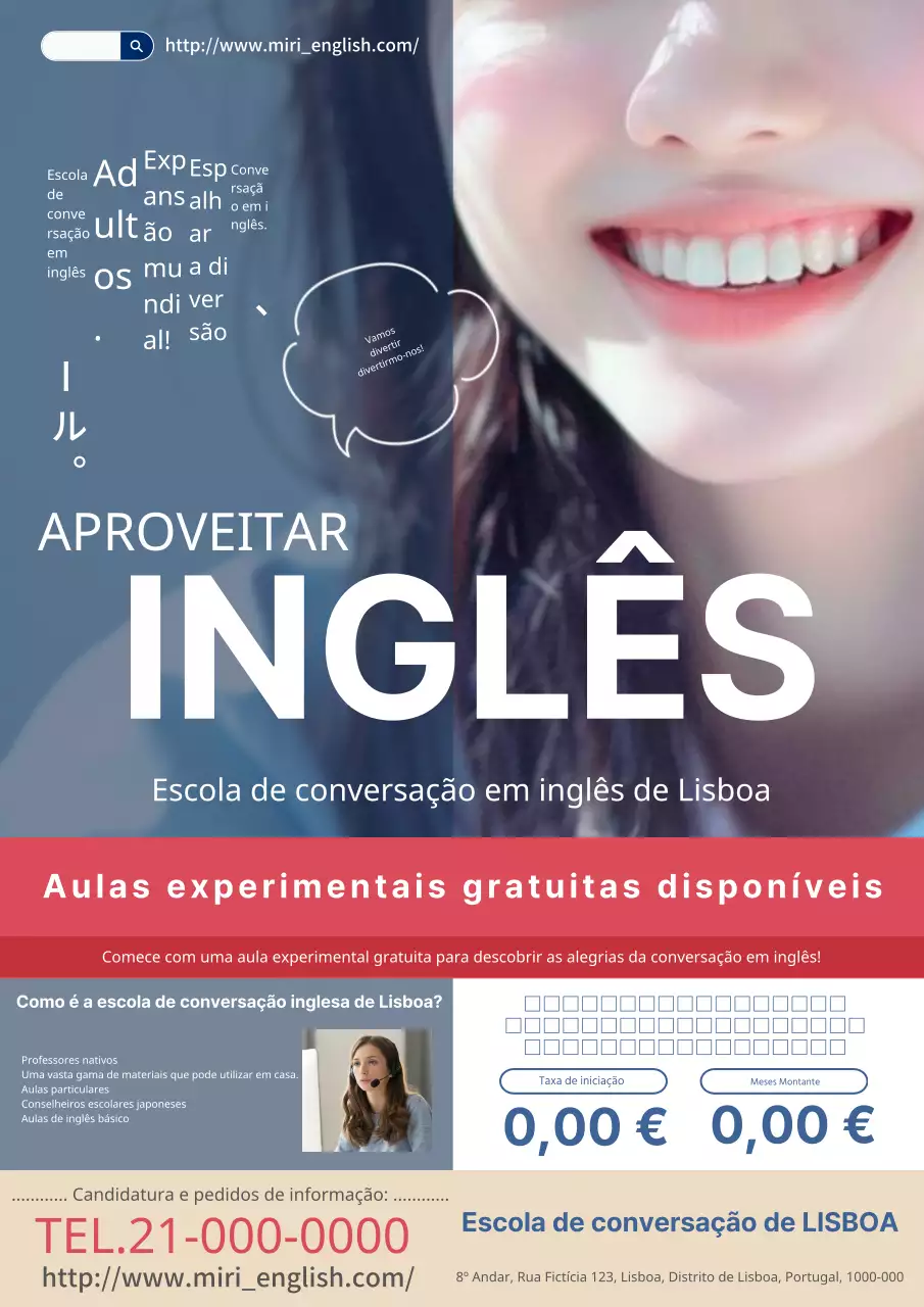 Um anúncio moderno e sofisticado para uma escola de conversação inglesa em tons de azul marinho e vermelho.