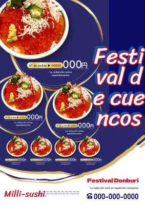 Sencillo y fresco anuncio del menú del festival Donburi en azul