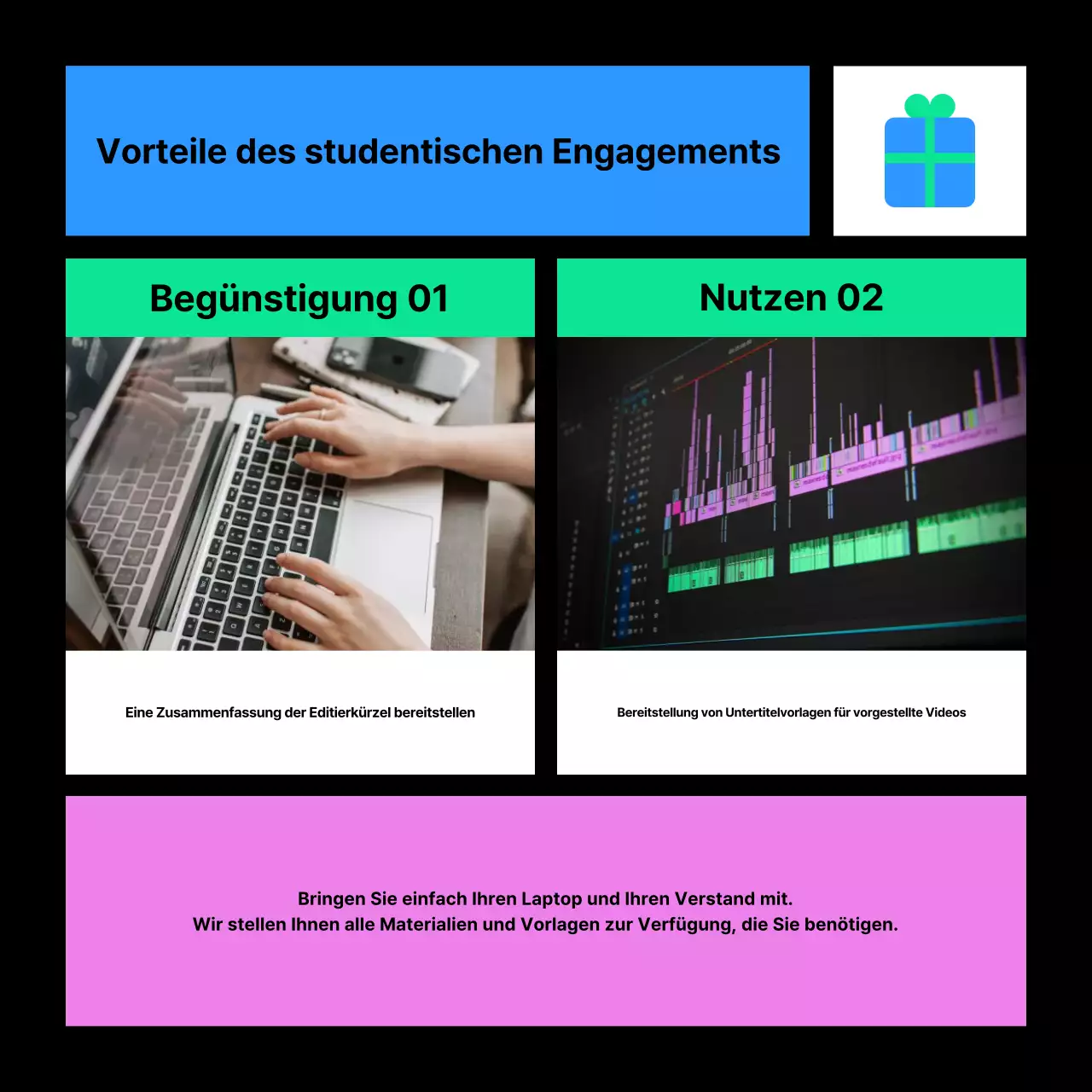 Werben Sie für Ihren Videobearbeitungskurs in Rosa und Blau