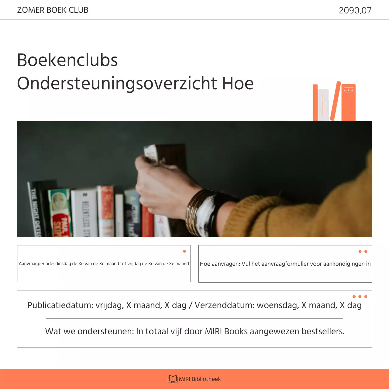 Een kitscherig oranje en wit boekenclubprogramma voor de bibliotheek promoten
