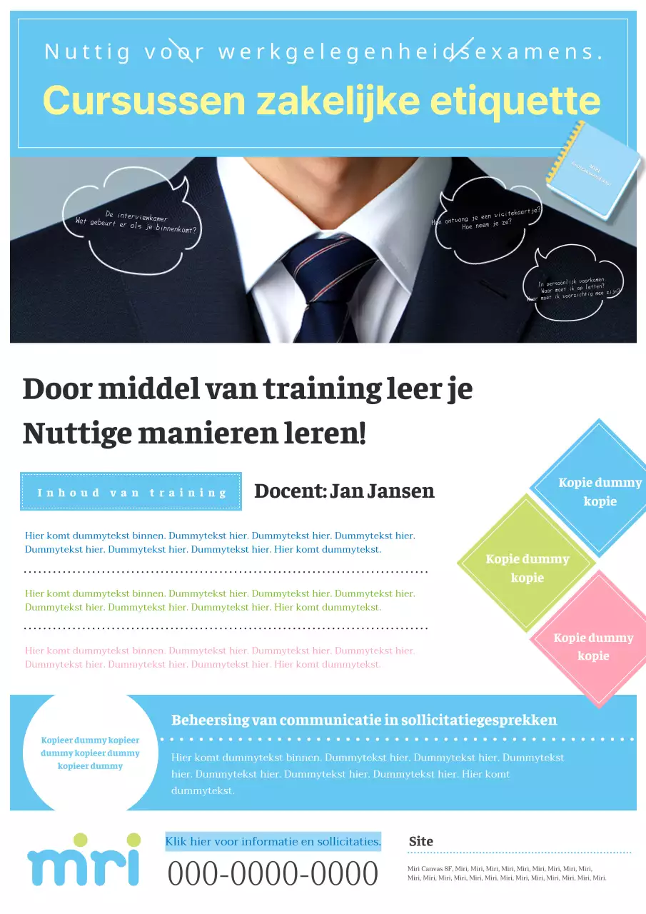 Advertentie voor basis- en moderne zakelijke etiquettecursus in lichtblauw