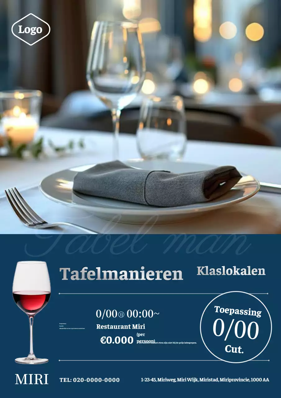 Strakke en klassieke reclame voor tafelmanieren in blauw