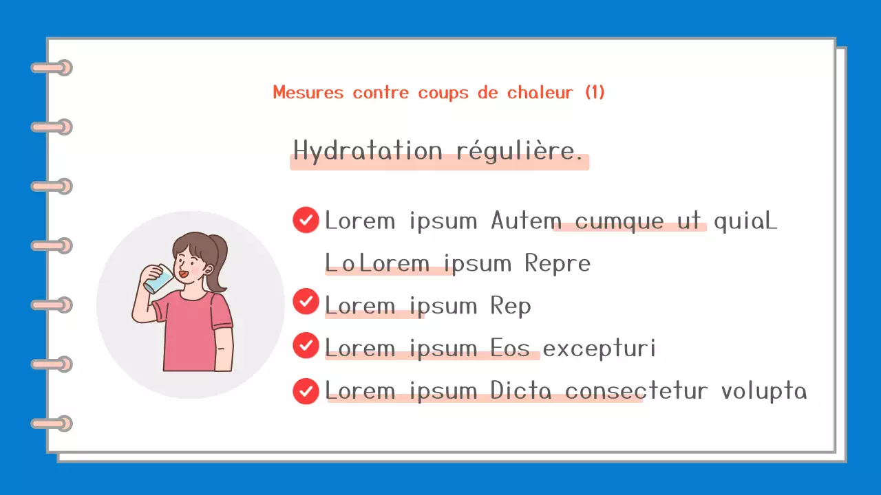 Un guide simple, en bleu et blanc, sur les symptômes et le traitement des coups de chaleur.