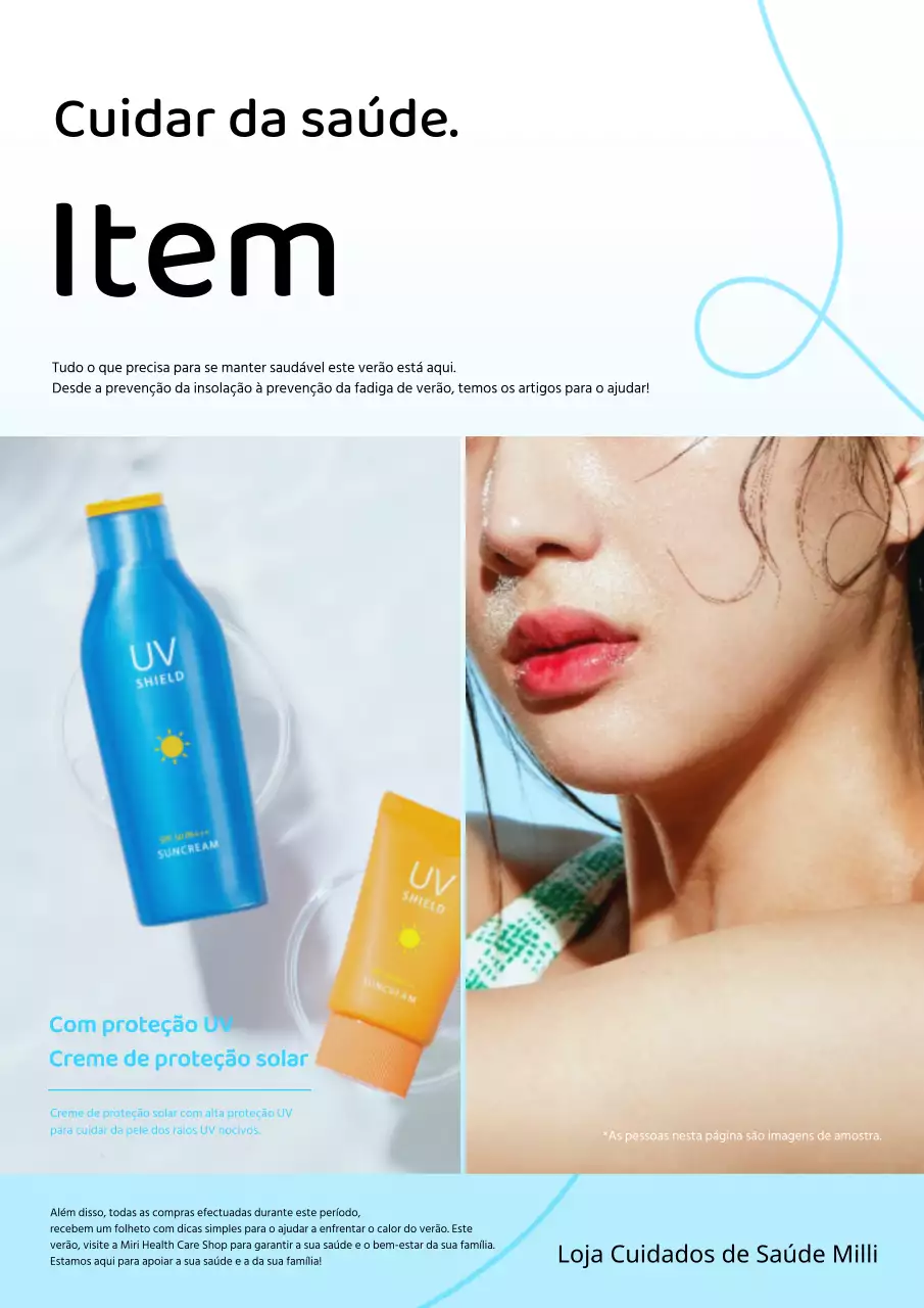 Folheto simples de promoção de produtos de verão em azul claro e branco
