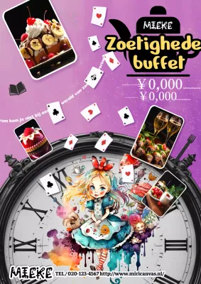 Een eenvoudige, kleurrijke buffetprijsadvertentie met een illustratie van Alice in Wonderland.