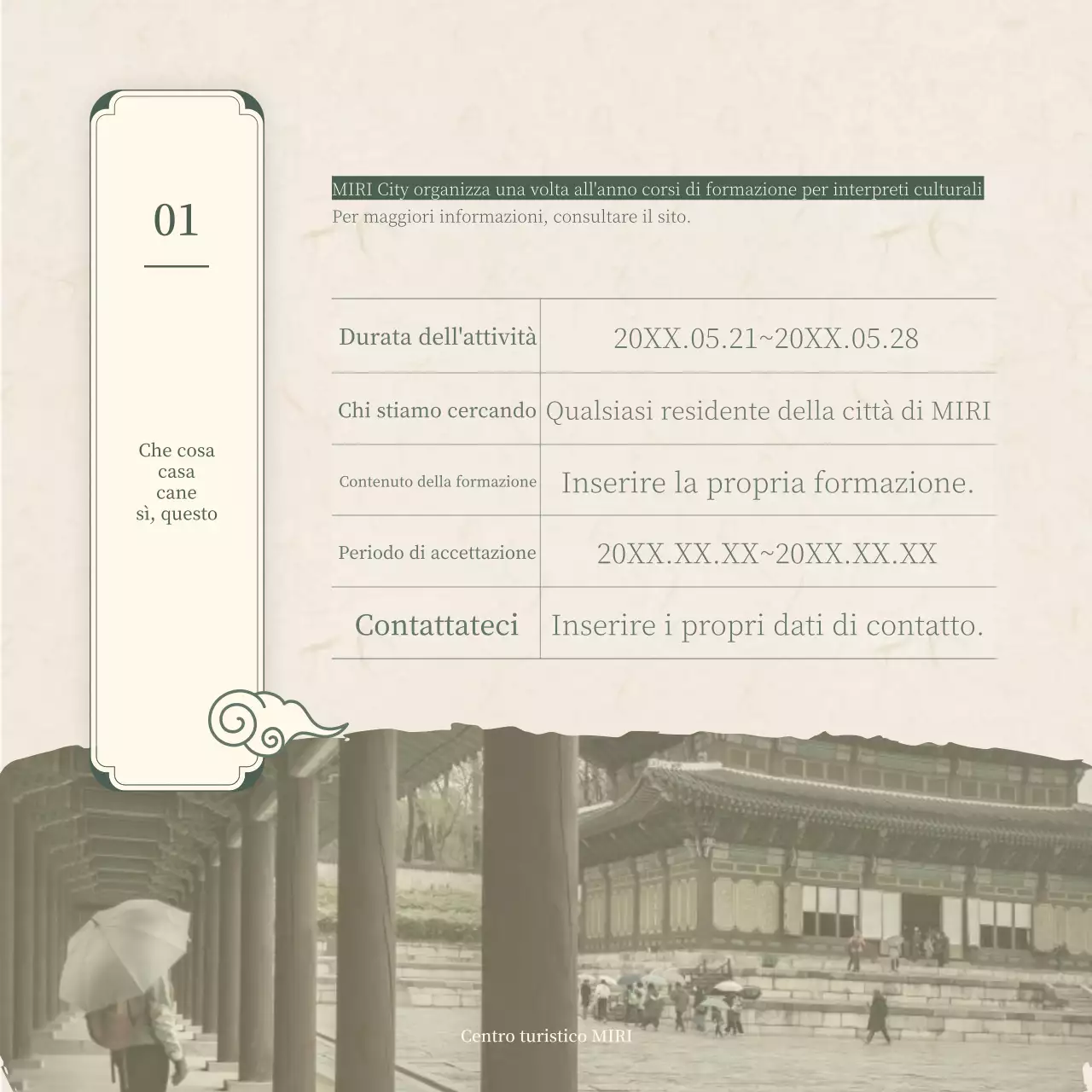 Guida al reclutamento per il Corso di formazione per interpreti culturali tradizionali in verde e beige