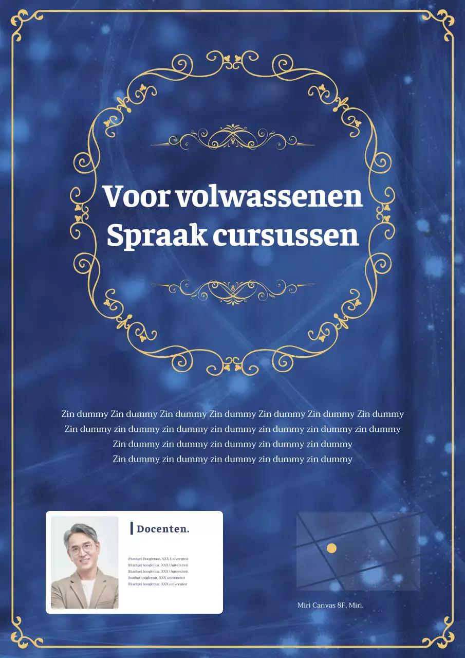 Klassieke en eenvoudige kleuren blauw en goud voor een spreekbeurtadvertentie voor volwassenen