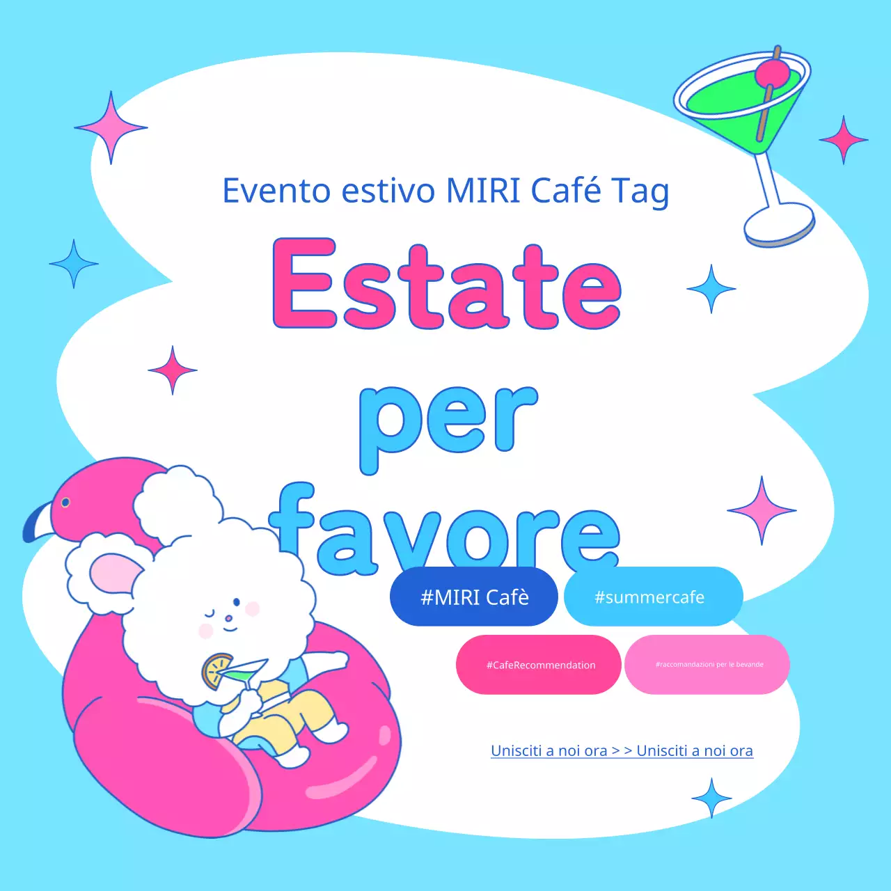 Pubblicità pop-art per eventi estivi in chartreuse e azzurro