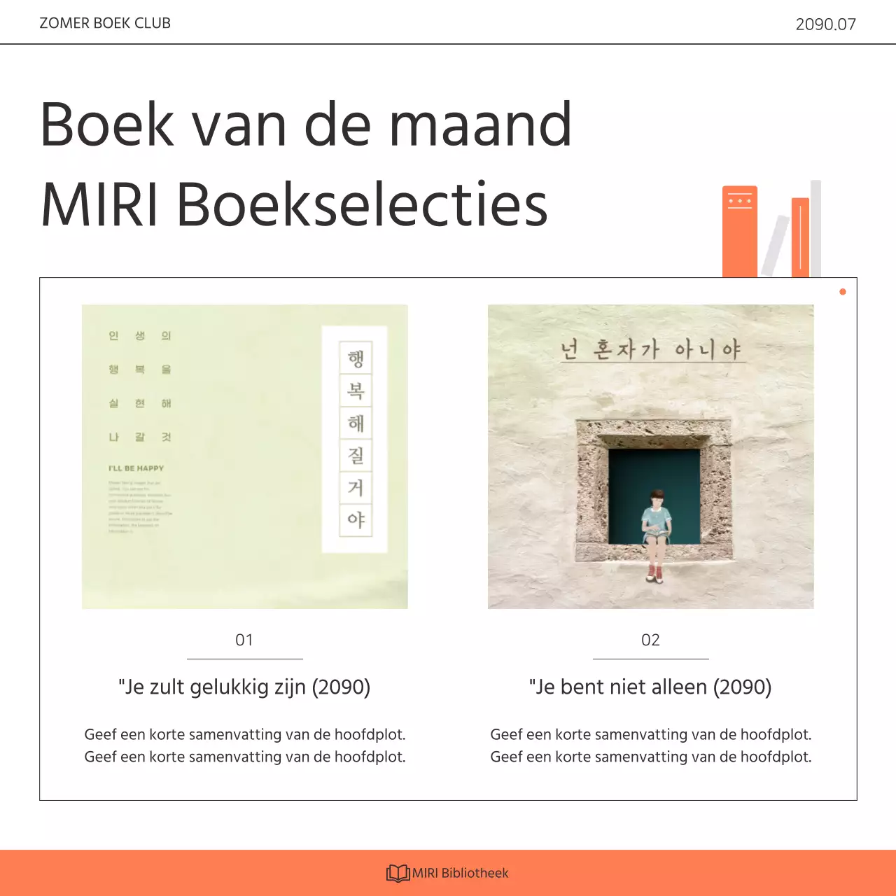 Een kitscherig oranje en wit boekenclubprogramma voor de bibliotheek promoten