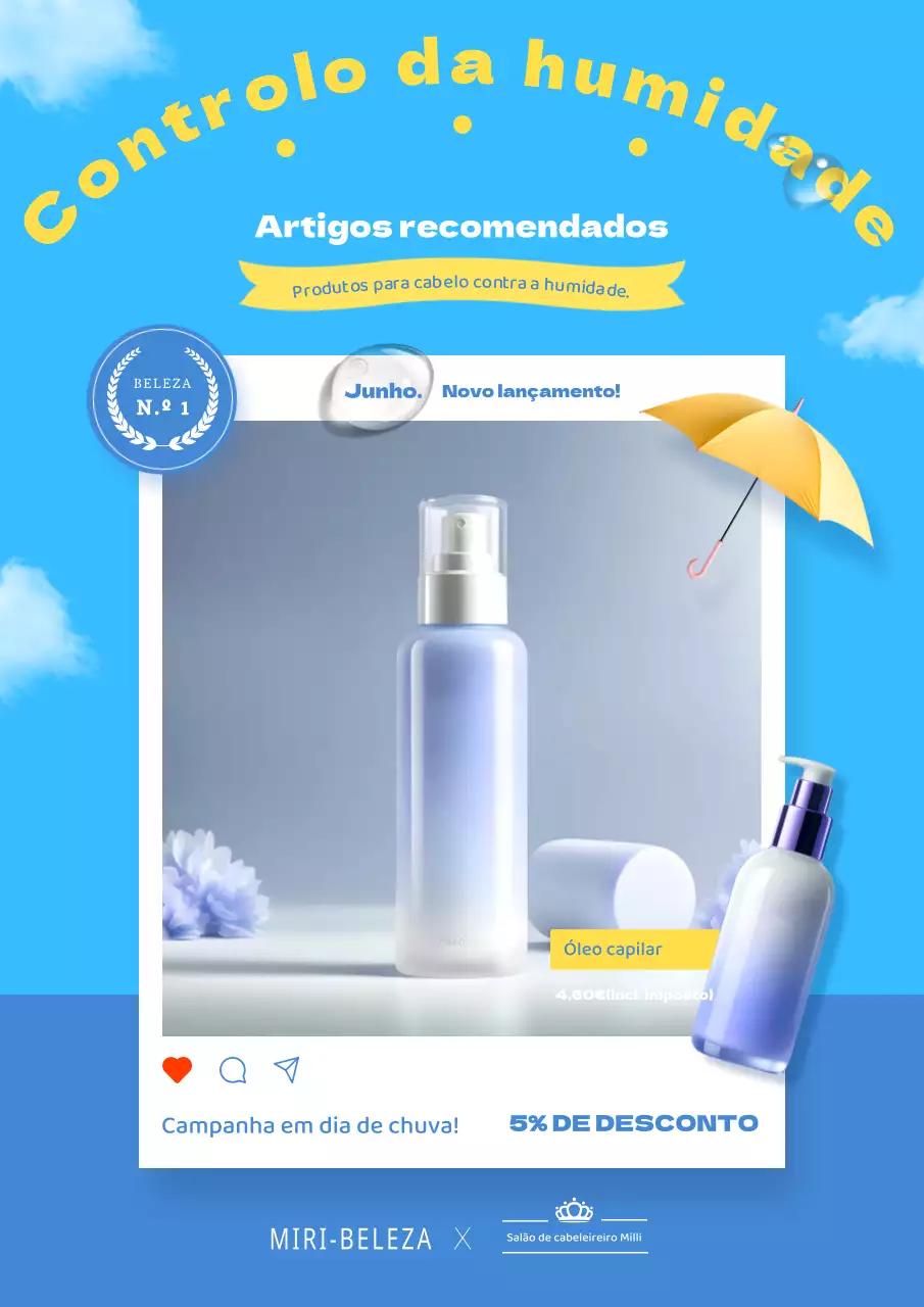 Anúncio de um artigo de cuidado do cabelo para a estação das chuvas em azul claro e amarelo
