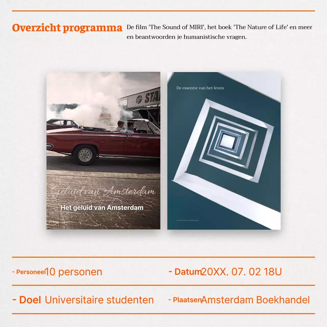 Een eenvoudige oranje advertentie voor een lezing over geesteswetenschappen voor jongeren.