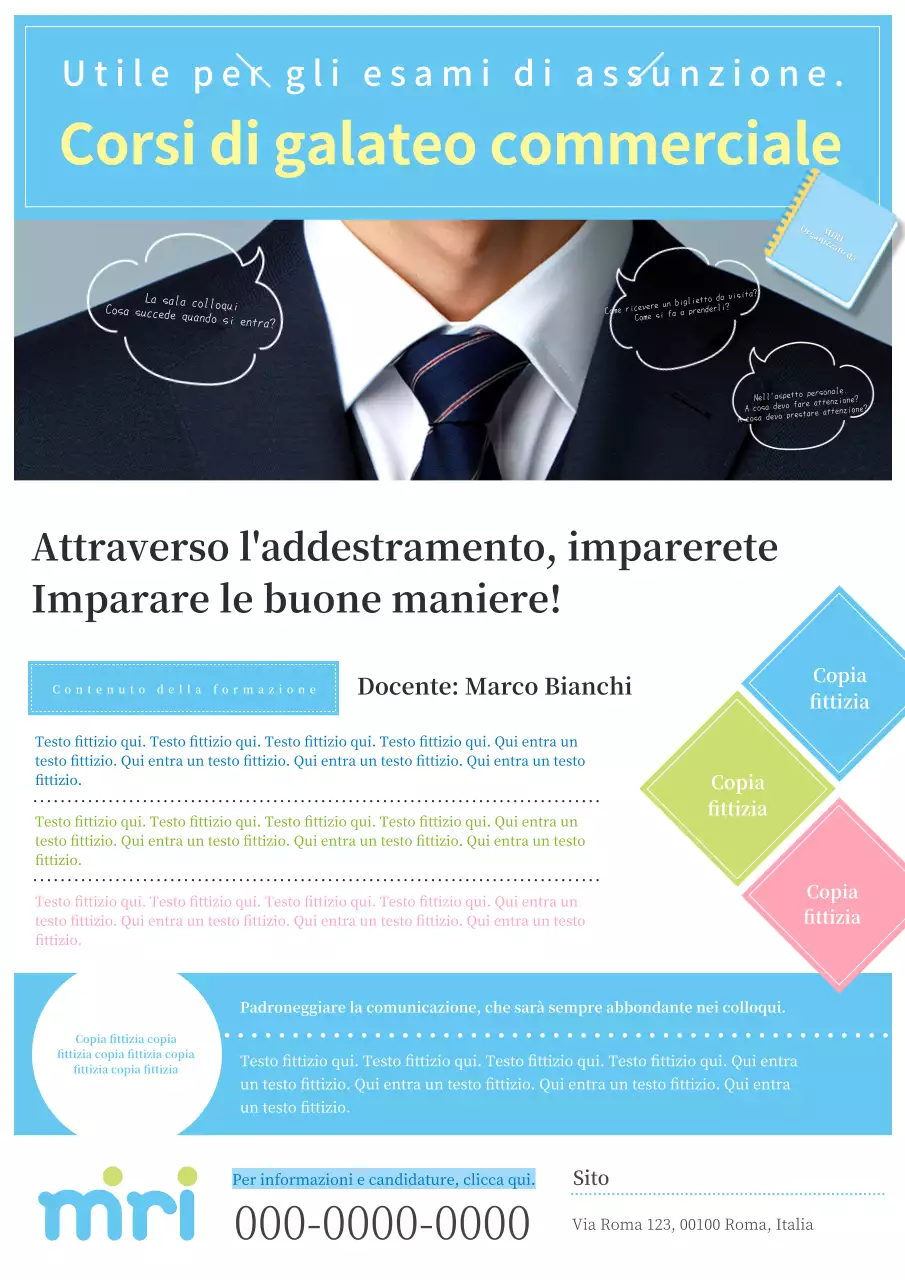 Annuncio del corso di galateo aziendale di base e moderno in azzurro