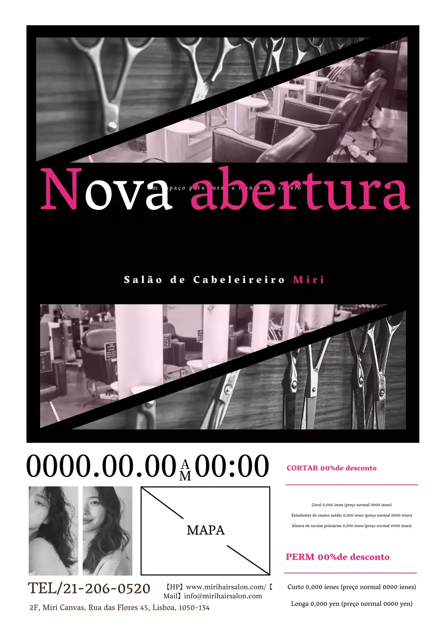 Anúncio de salão de cabeleireiro moderno e simples em cor-de-rosa quente e preto e branco.