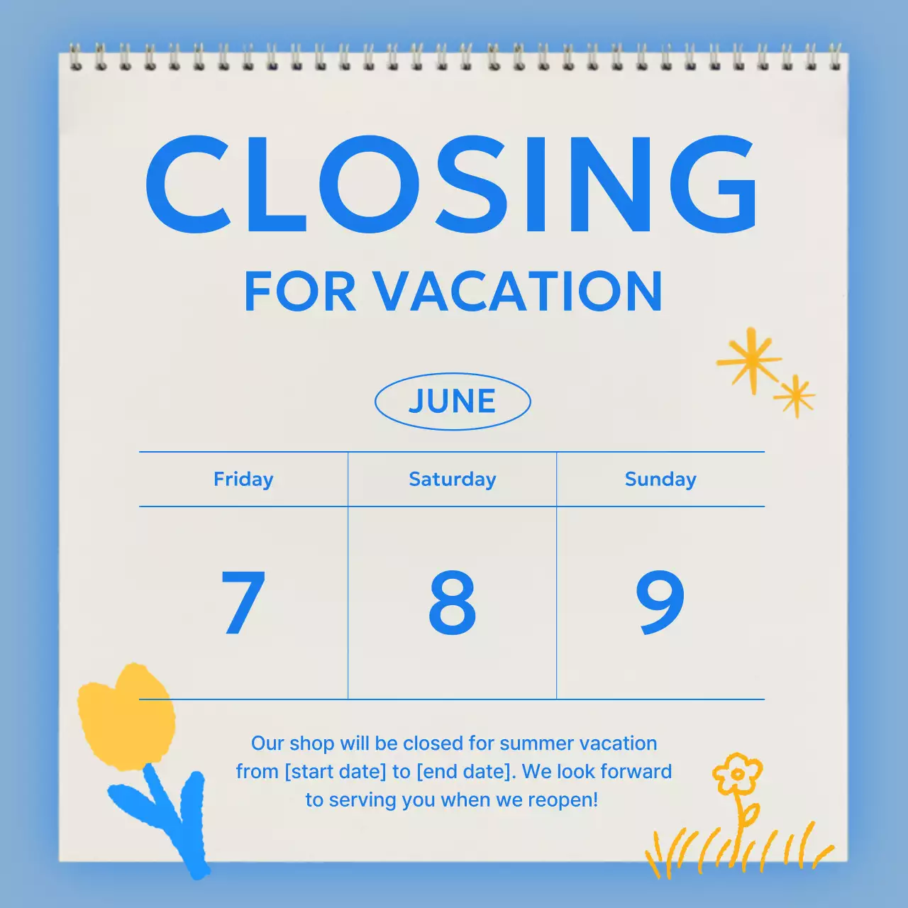 Blue Simple Vacation Notice Social Media Post