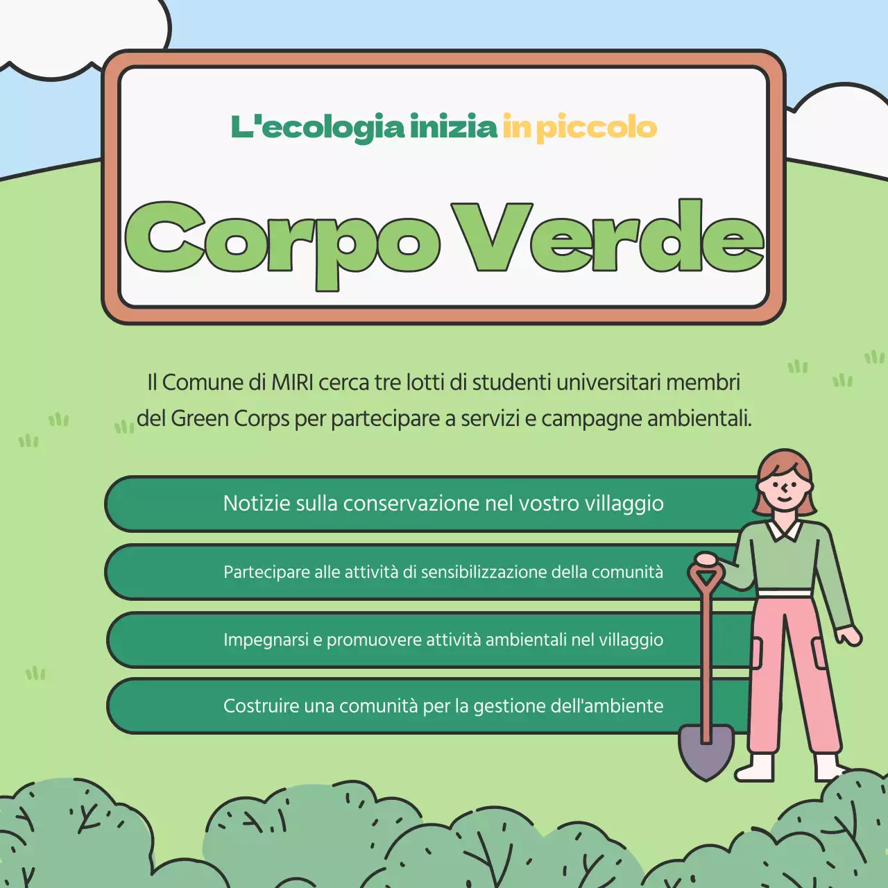 Promuovere il reclutamento di studenti universitari volontari ambientali di colore verde e chartreuse.