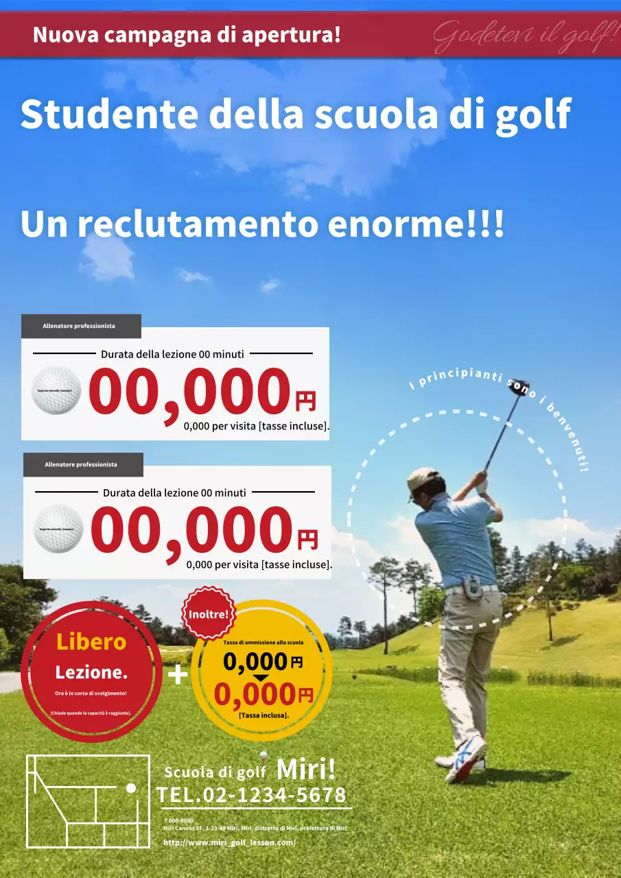 L'annuncio per il reclutamento di una scuola di golf enfatizza le basi blu e rosse