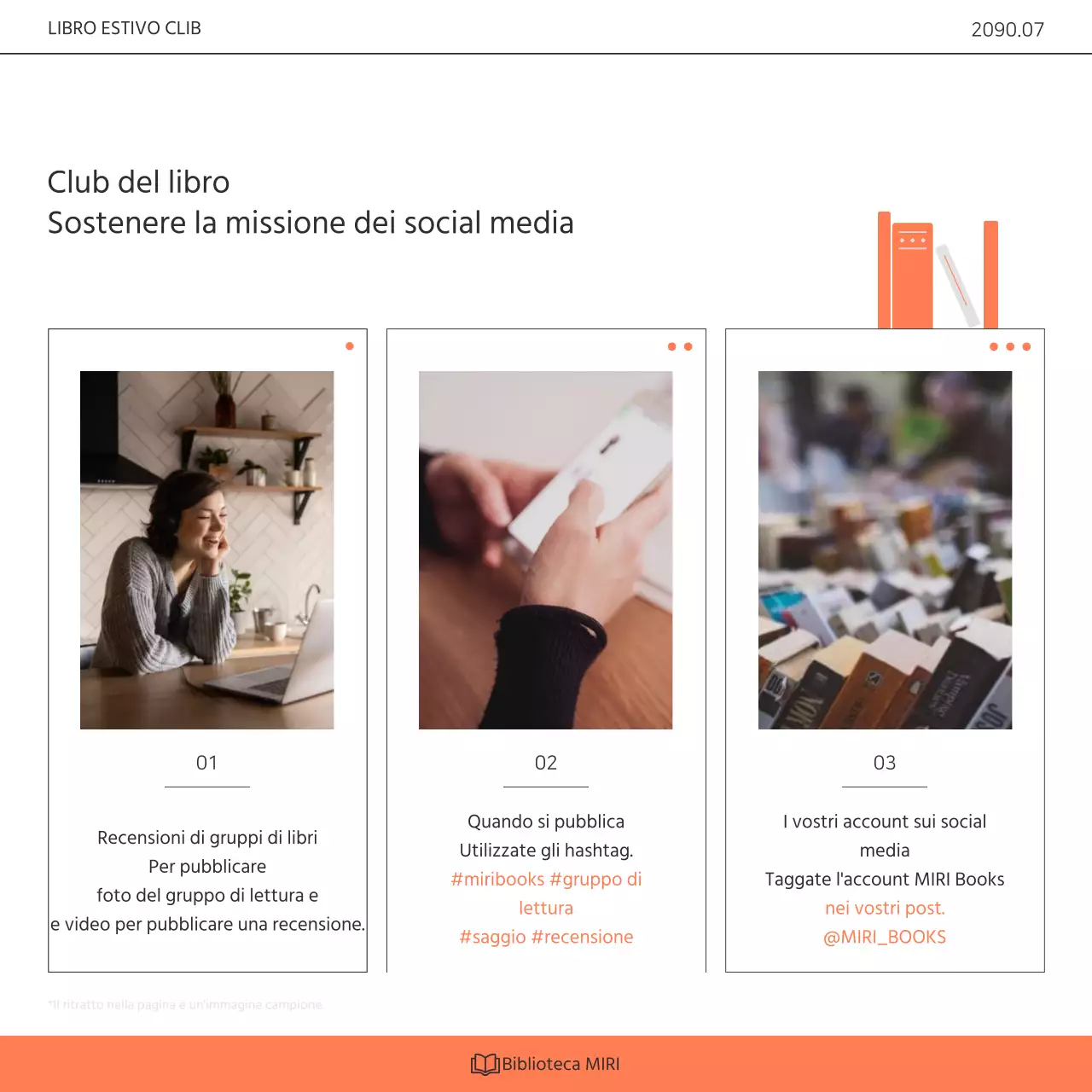 Promuovere un programma di sensibilizzazione per il club del libro della biblioteca in bianco e arancione kitsch