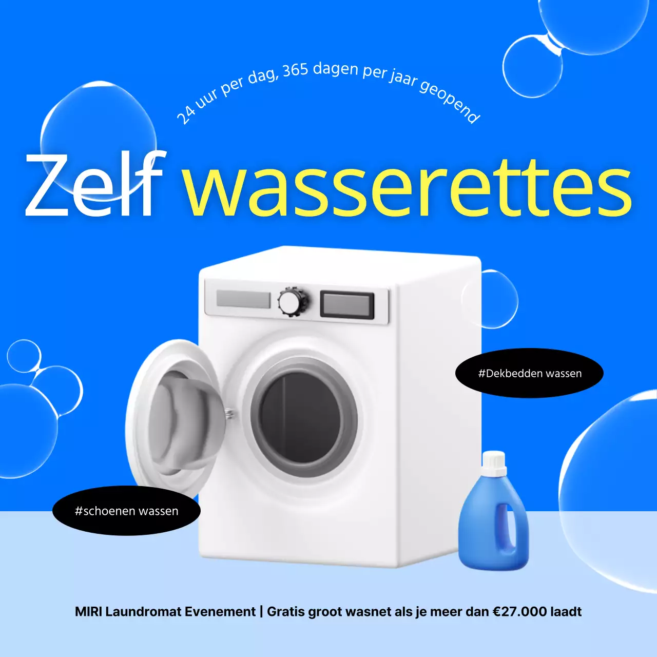 Zelfbedieningswasserettes met blauwe en gele accenten promoten