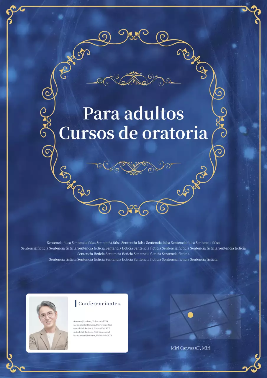 Colores azul y dorado, clásicos y sencillos, para un anuncio de curso de oratoria para adultos