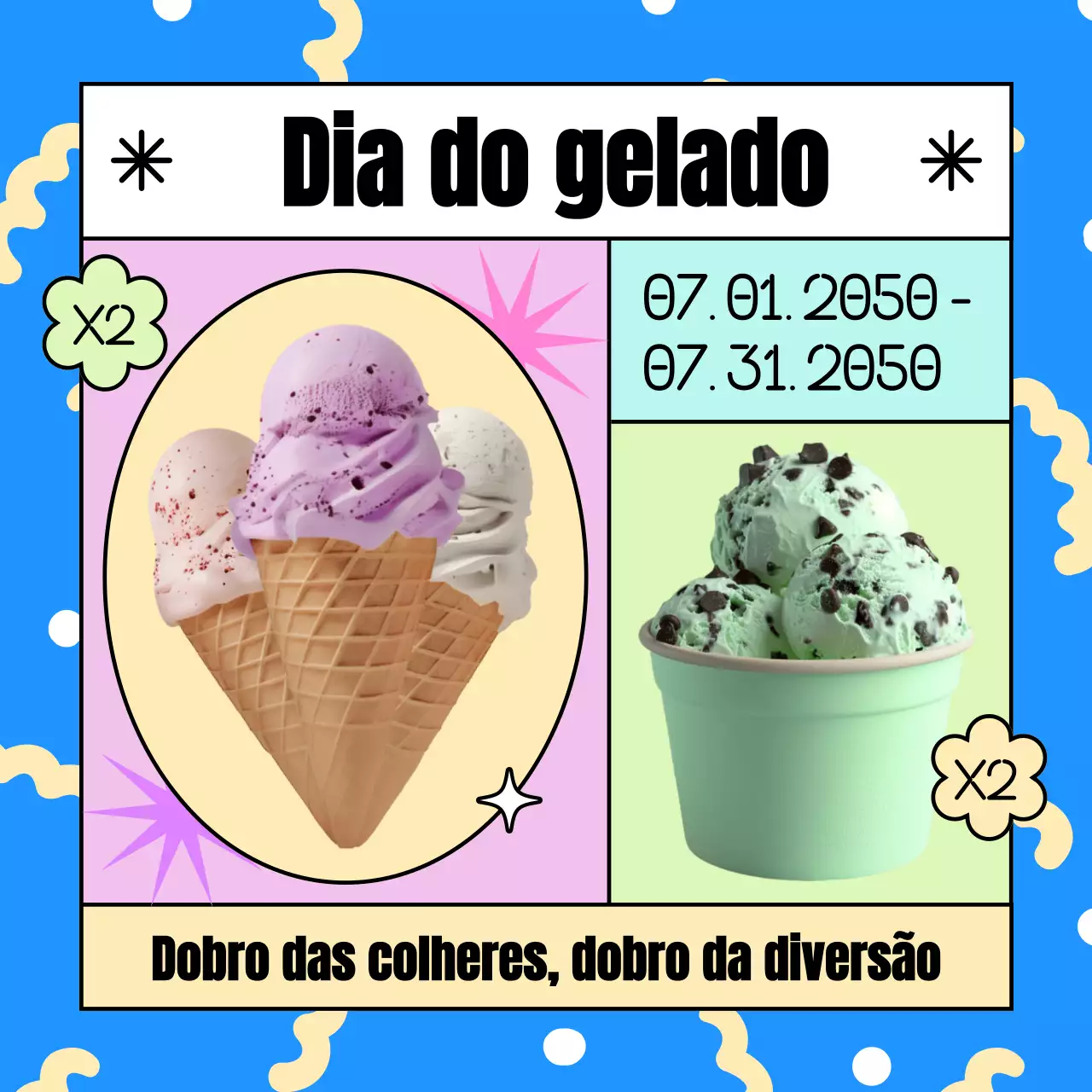 Promover descontos para o Dia Nacional do Gelado com apontamentos de azul e amarelo