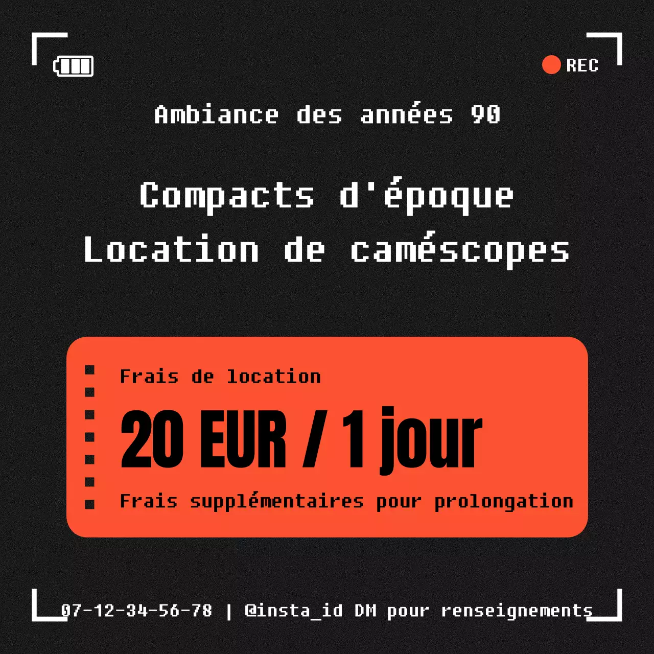 Annonce vintage de location de caméscope en noir et orange