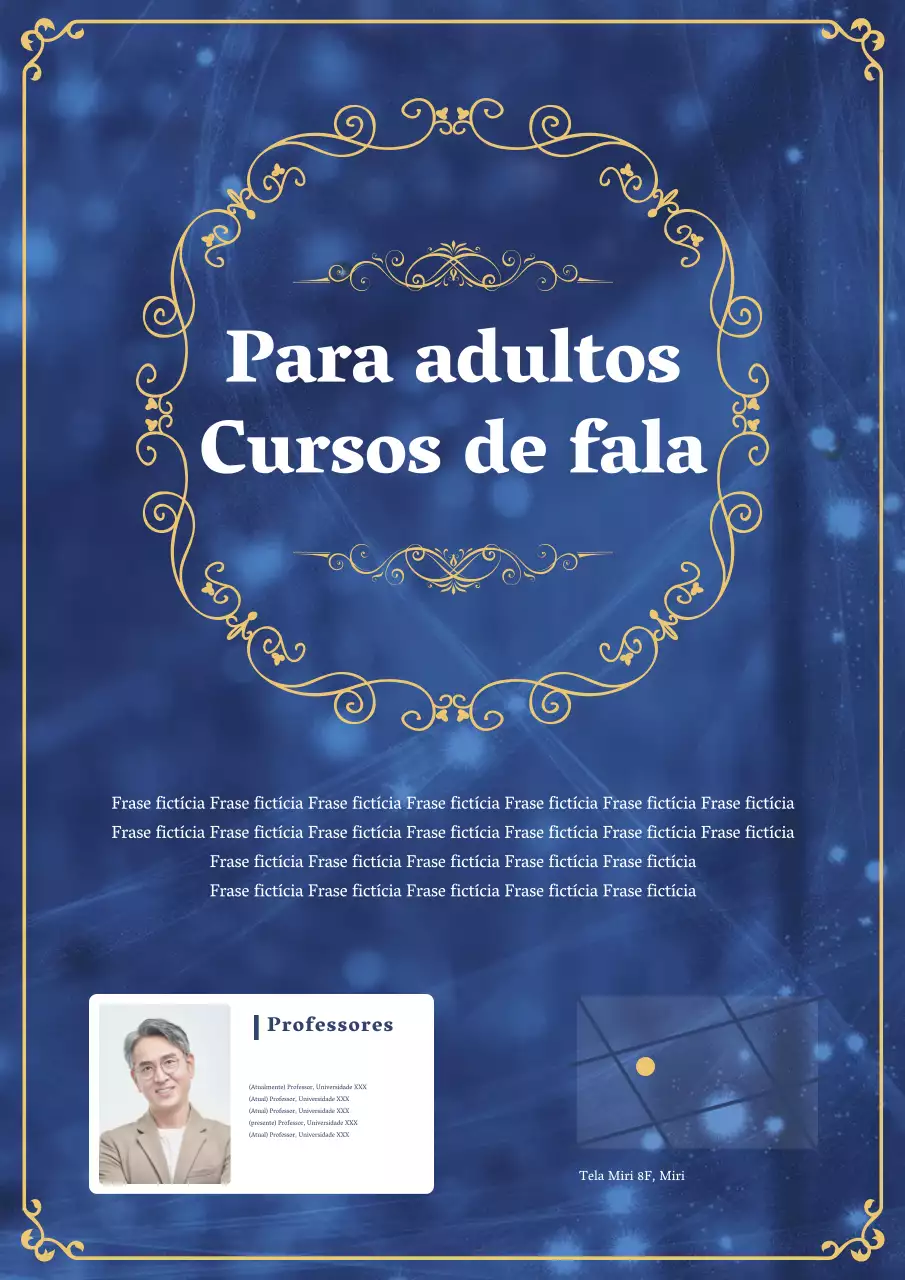 Cores azuis e douradas clássicas e simples para um anúncio de curso de oratória para adultos