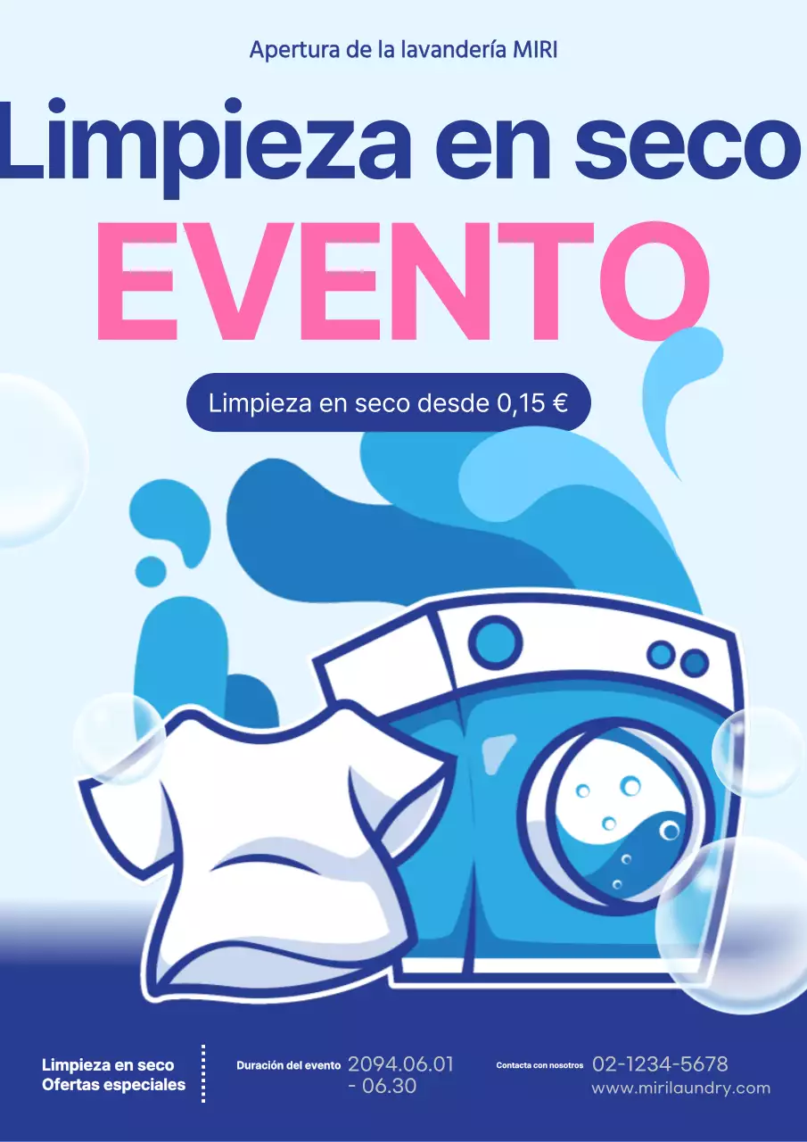 Promocione los descuentos en limpieza en seco con una sencilla combinación de colores rosa y azul claro.