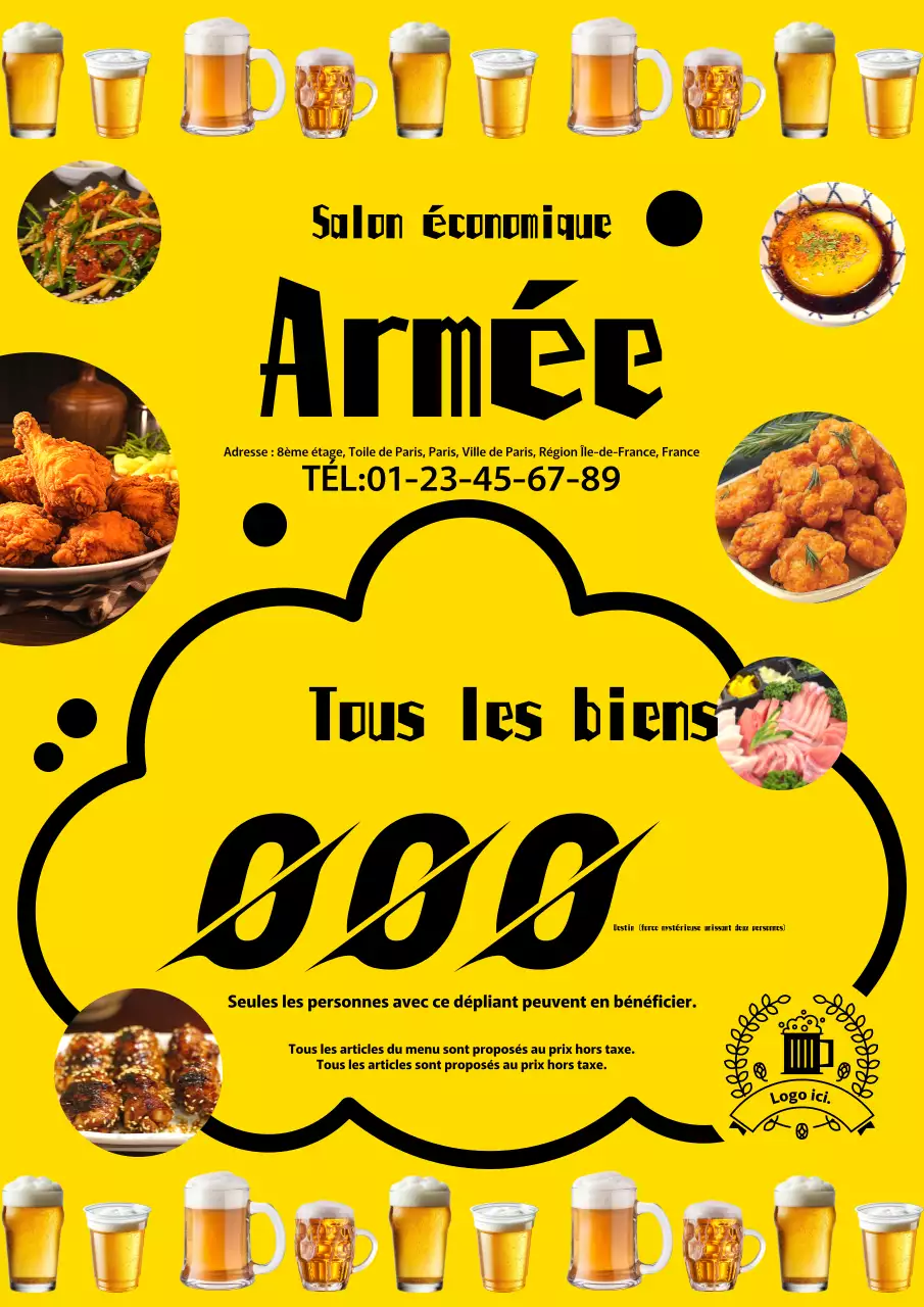 Publicité simple, jaune, pour un événement dans un bar public