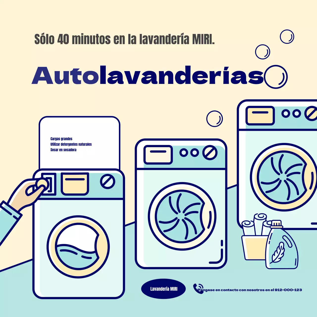 Promociona una bonita lavandería autoservicio en amarillo y menta